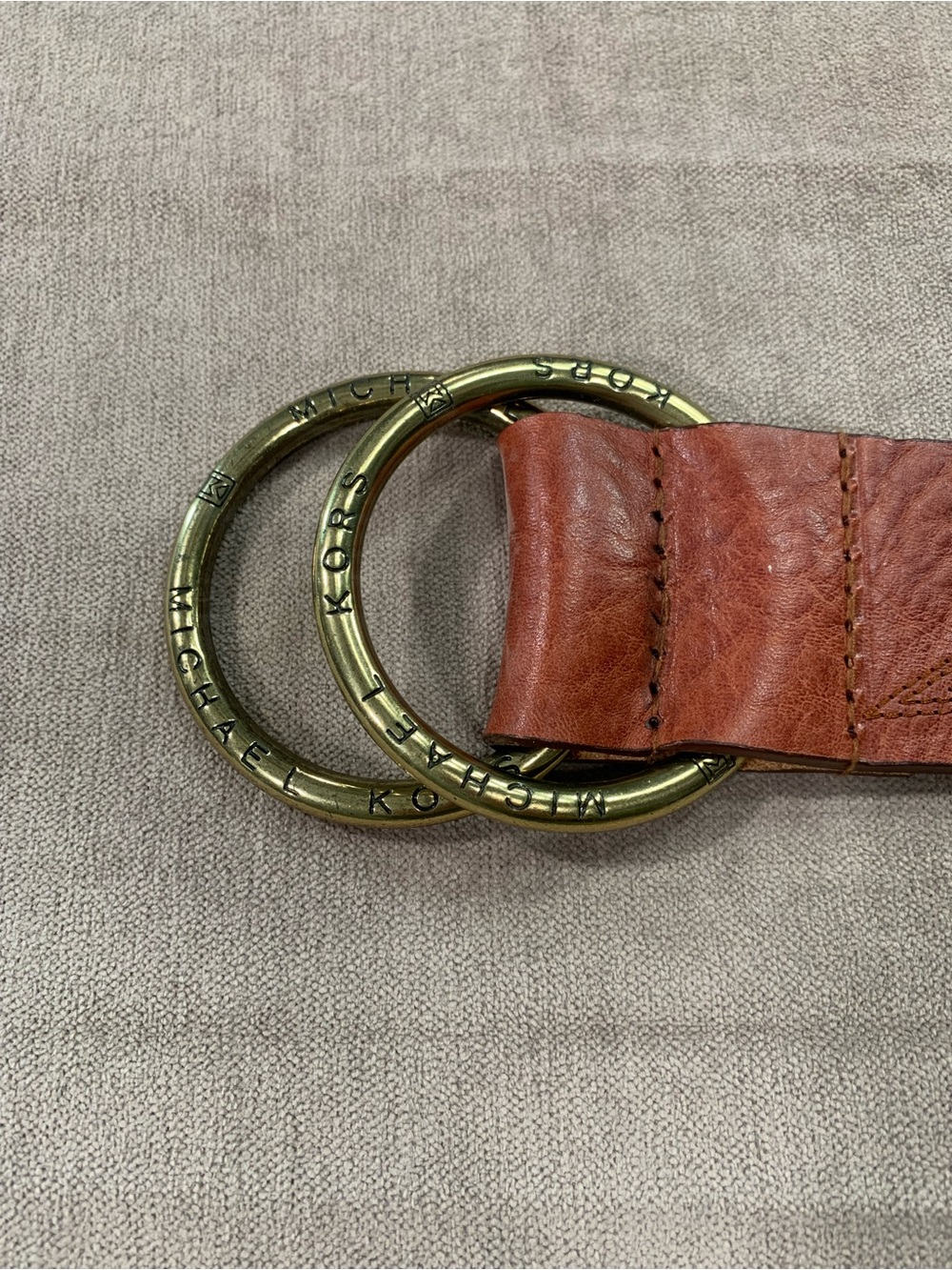 Michael Kors Cognac Leather Double Brass Ring Belt - Size M/L
